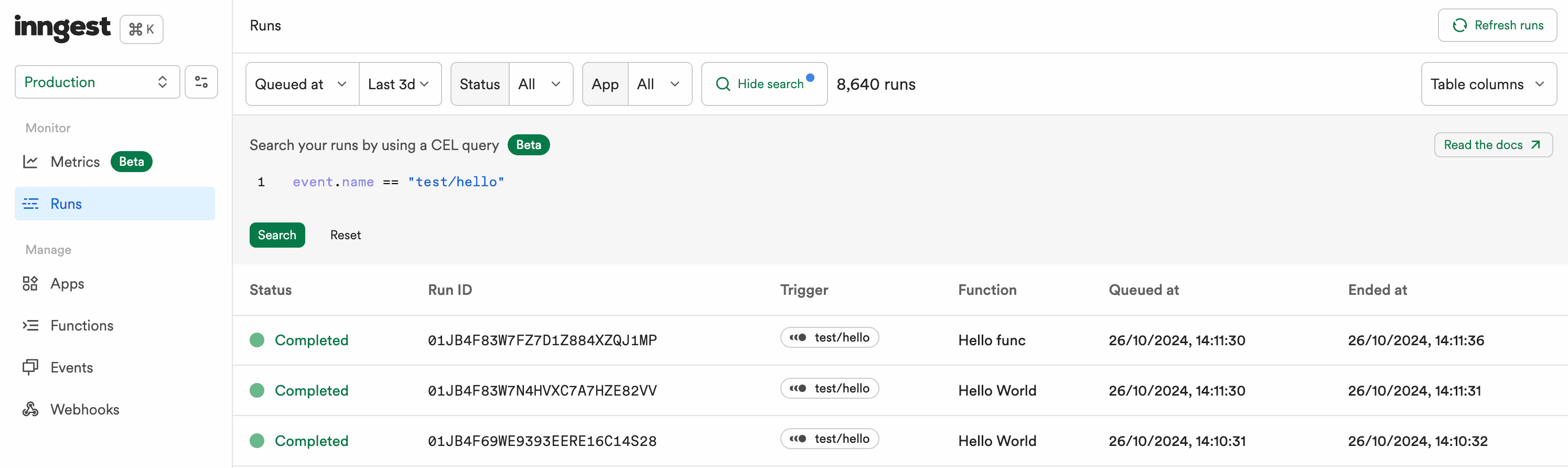 The runs list features an advance search feature that filters results using a CEL query.