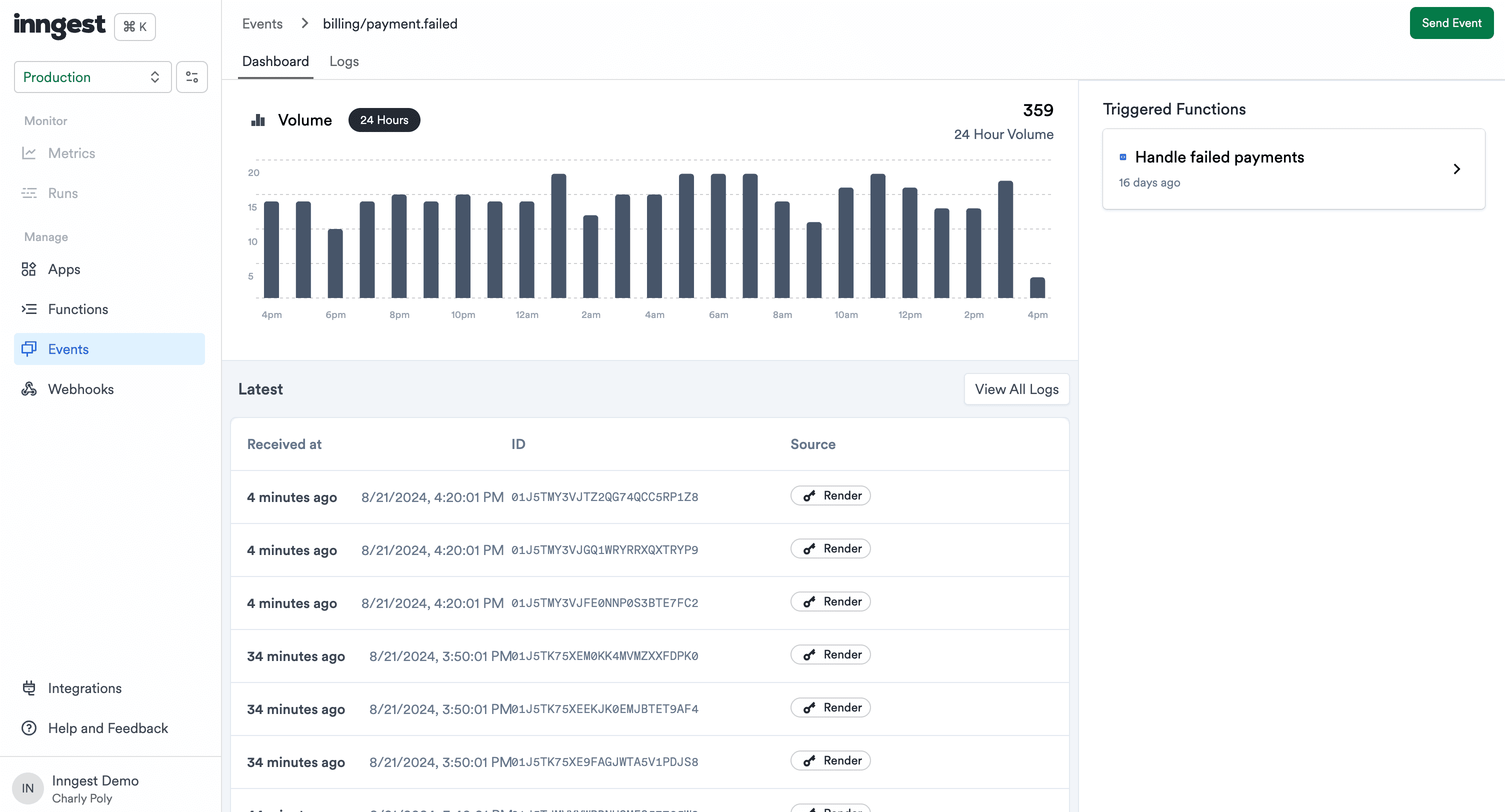 Clicking on an Events leads us to the Event page that displays, at the top, a chart of events occurrences over the last 24 hours and at the list of associated events.